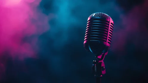 Vintage stage microphone under neon blue and magenta haze.