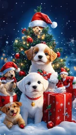 Christmas puppies gathered around decorated tree and gifts.