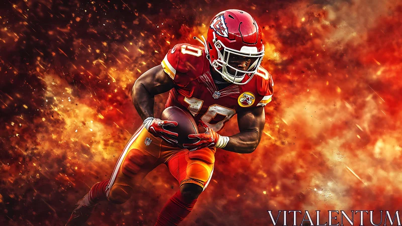 Dynamic football star racing through a blazing stadium moment.
