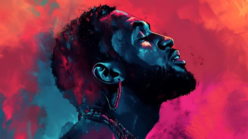 Neon-lit portrait captures introspective upward gaze. Period.