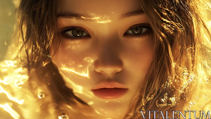 Face emerges through refracted golden water with high specular highlights