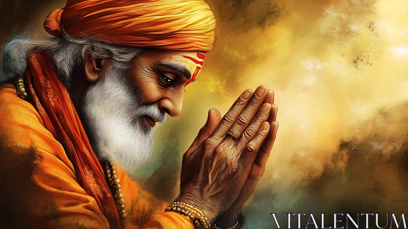 Gentle elder in saffron robes greeting the light in prayer.