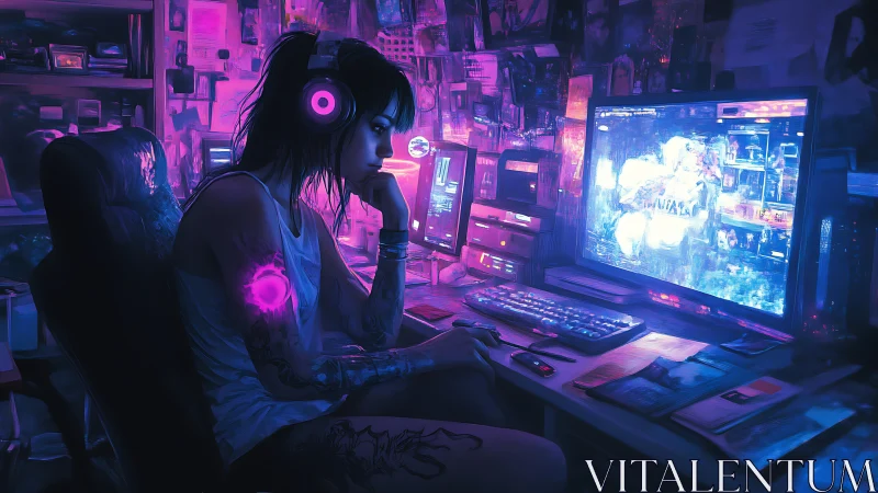 Neon lit gamer girl lost in a dreamy cyberpunk night.