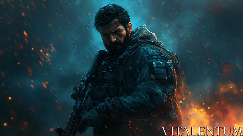 Armed tactical figure stands in rain amid blue and orange light