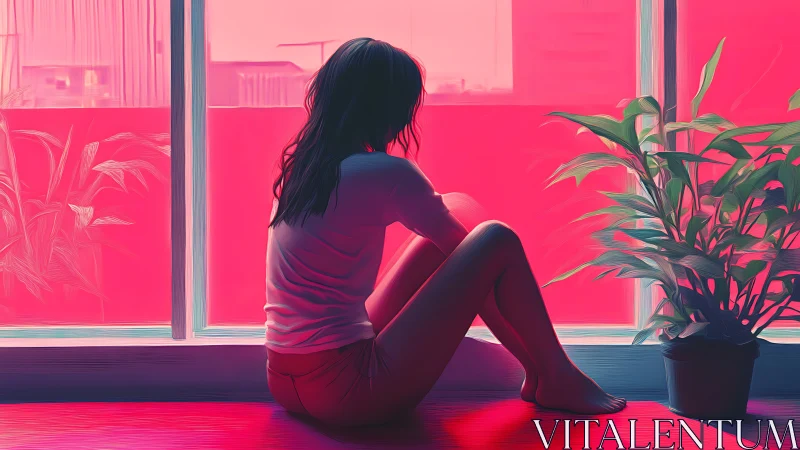 Chromatic interior silhouette with contemplative seated figure.