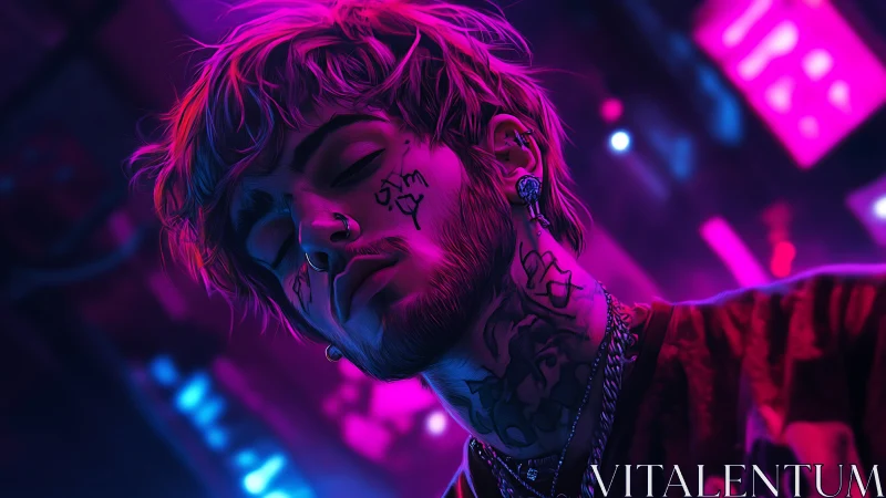 Neon portrait of tattooed youth in cyberpunk city glow.