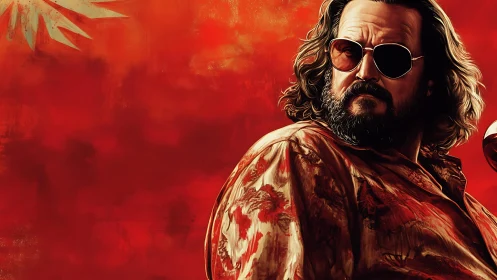 Brooding sunglasses man stands against vivid red haze