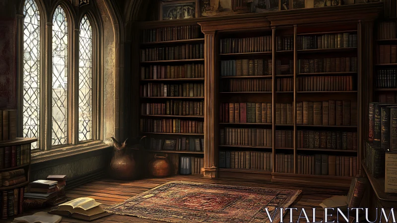 Interior shows tall bookcases and leaded windows in study