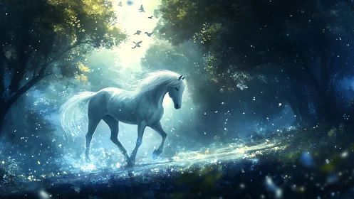 Luminous white horse in blue enchanted forest clearing.