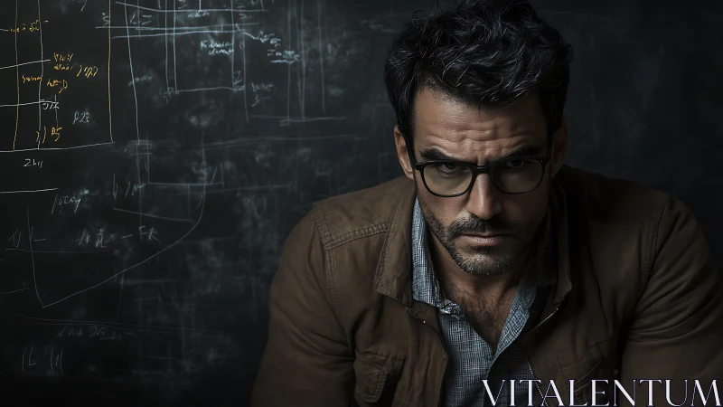 Male subject in glasses before chalkboard with diagrams.