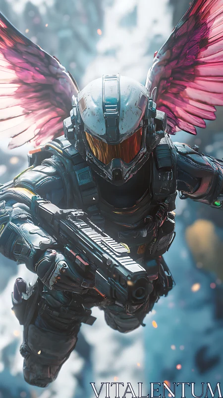 Winged sci fi guardian soaring through a storm of light.