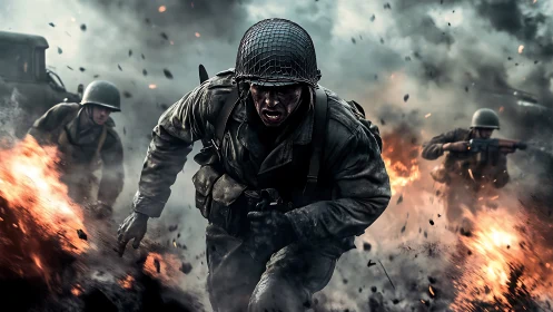 Infantry soldiers advance through battlefield explosions.