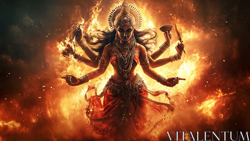 Radiant fire goddess emerging in swirling golden flames.