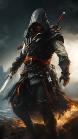 Hooded swordsman on rocky coast in storm-lit digital scene.