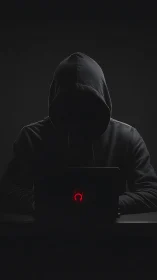 Shadowed hood hacker bends the dark around red code flare.
