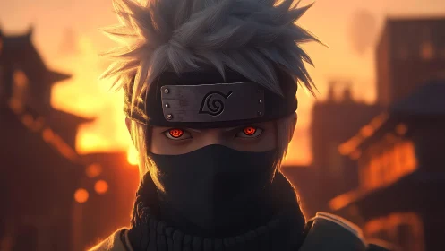 Silver-haired masked ninja in fiery village sunset glow.