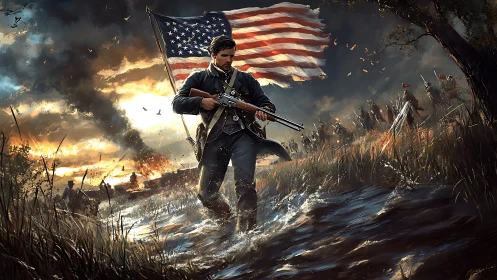 Storm-lit soldier strides forward beneath a billowing flag