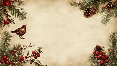 Vintage winter border with robin, pine branches and berries