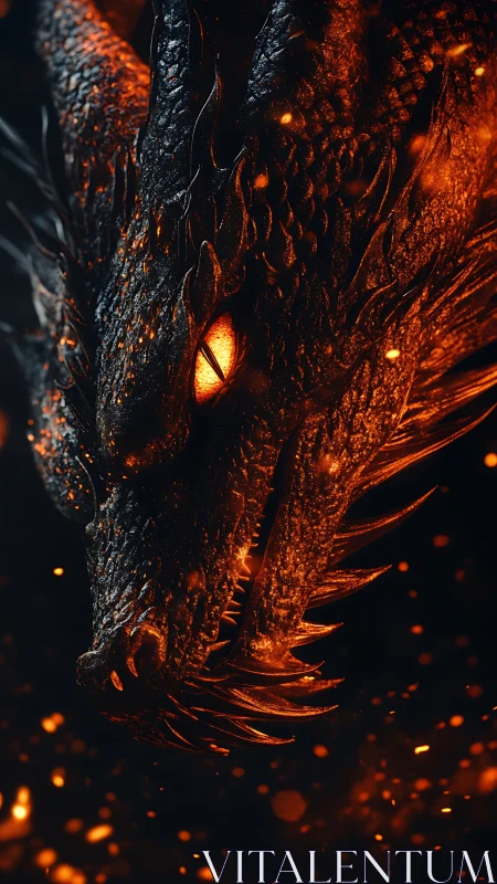 Ember-eyed dragon drifting through swirling sparks of fire.