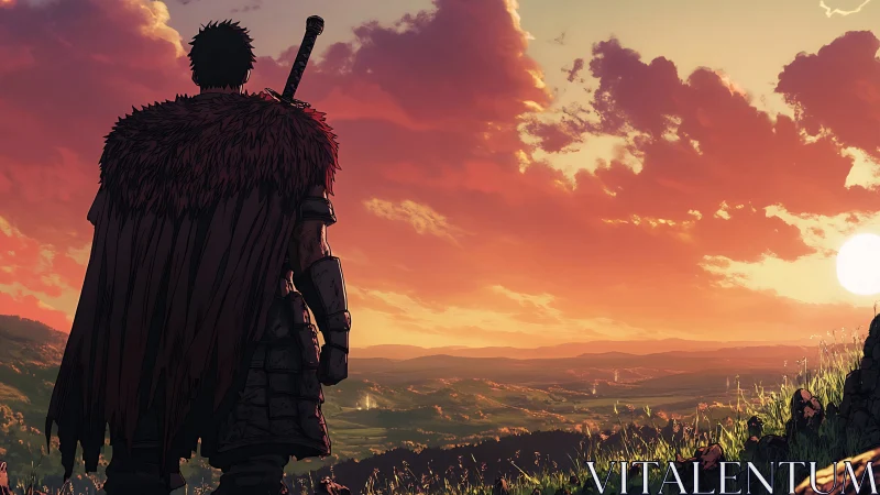 Armored wanderer surveys volumetric sunset over stylized valley