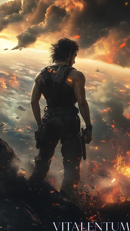 Lone futuristic warrior quietly surveys a burning battlefront