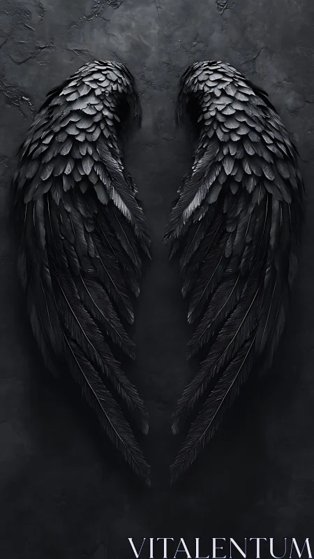 Symmetric matte-black feathered wings on textured basalt wall.