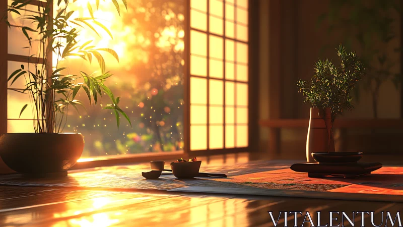 Sunlit tatami tea setting with glowing shoji screens.