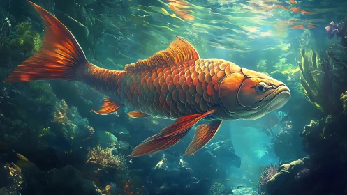 Golden koi gliding through luminous teal underwater reefscape.