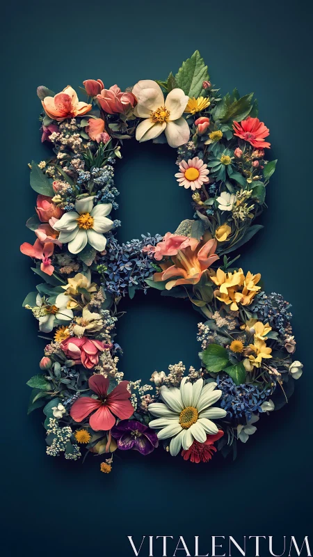 Floral Wreath Composition with Layered Botanical Elements on Teal Ground