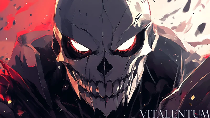 Menacing skull-headed warrior with glowing red eyes.