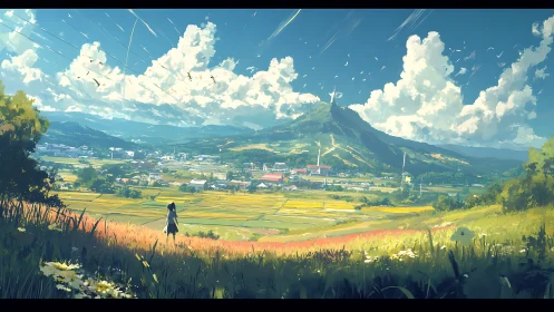 Panoramic agrarian valley under stratocumulus skyscape.