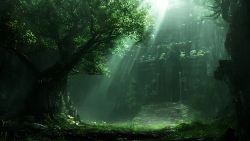 Sunlit jungle temple doorway emerges through dense canopy