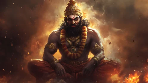 Fiery warrior deity meditates in swirling divine flames.