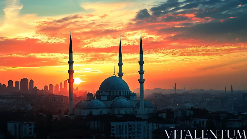 Sunset silhouettes mosque domes and minarets over city skyline