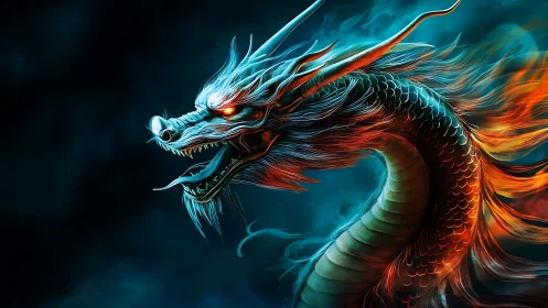 Fiery blue and orange dragon profile in glowing smoke