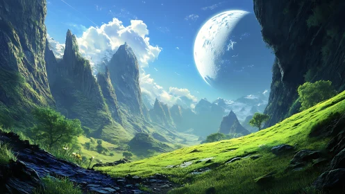 Dramatic alien valley opens under a bright distant moon