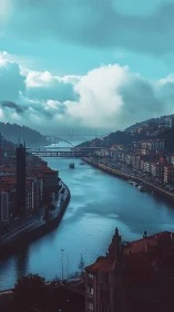 Riverside urban district with bridges under dense cloud cover.