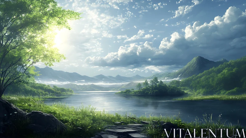 Serene mountain lake under luminous morning clouds.