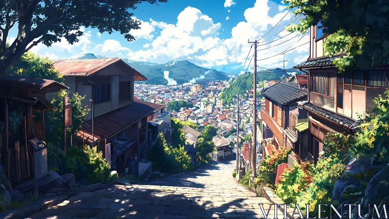 Steep stone street overlooks dense town and distant mountains