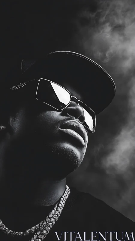 Confident portrait in bold monochrome streetwear style.