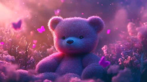 Plush teddy bear in violet field with luminous butterflies.