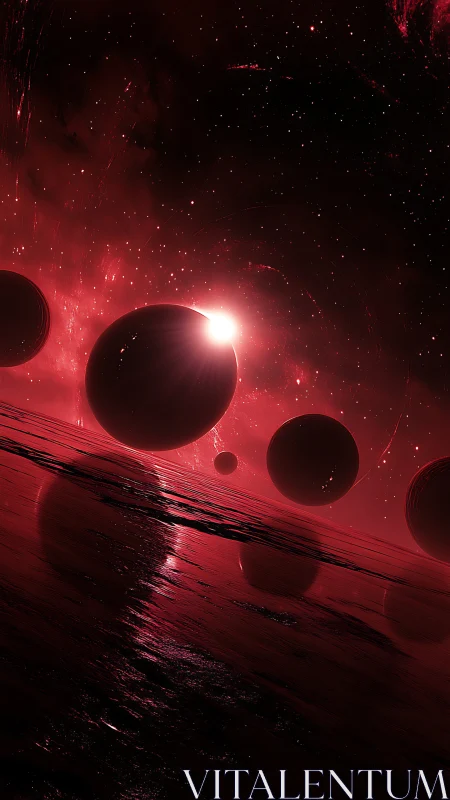 Crimson exoplanet horizon with silhouetted orbital spheres.