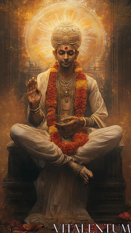 Digital painting of meditative guru with radiant mandala halo.