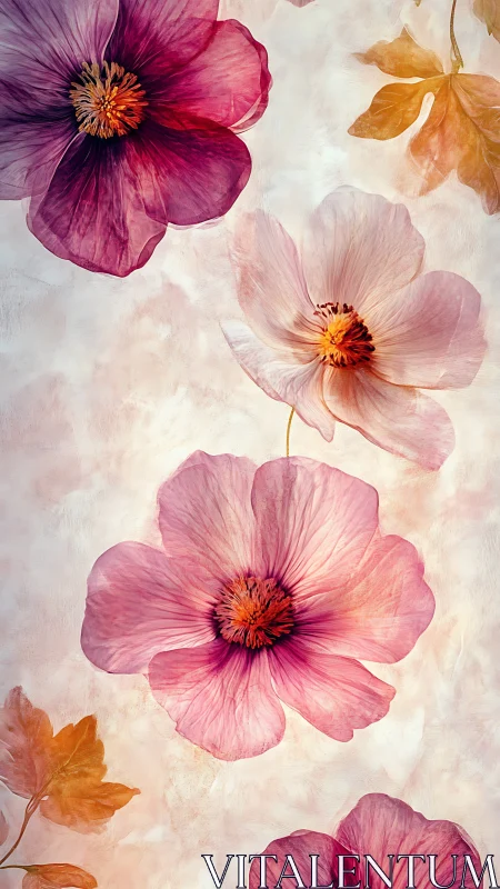 Botanical artwork displays cosmos flowers with layered pink petals