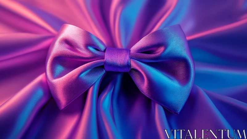 Iridescent satin bow on vivid purple blue fabric surface.