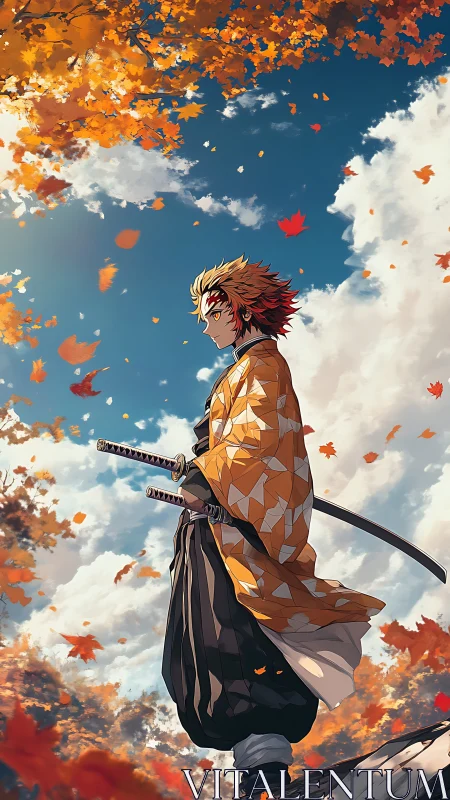 Samurai warrior stands under blazing autumn sky, poised.