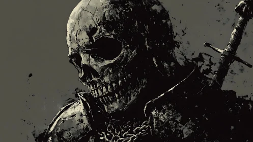 Skeletal warrior portrait with sword in monochrome tones.