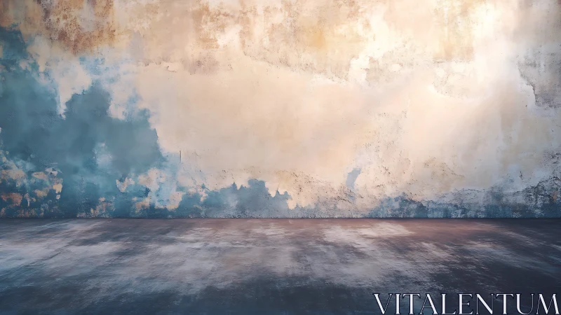 Textured plaster wall with patina over concrete floor plane.