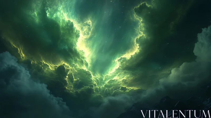 Emerald storm portal ignites a cosmic night above mountains.