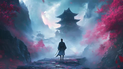 Lone samurai walks toward misty mountain temple at dawn.